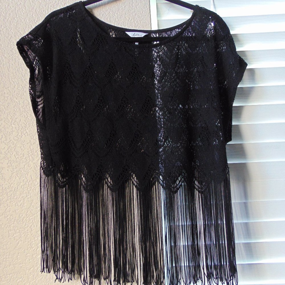 Black Crocheted Overwrap Pullover Fringe